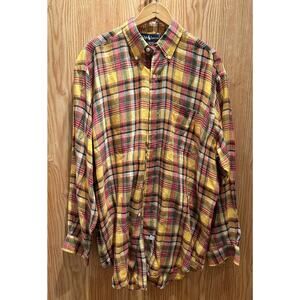 Vintage Polo Ralph Lauren M The Big Shirt Linen Yellow Red XL Men's Plaid